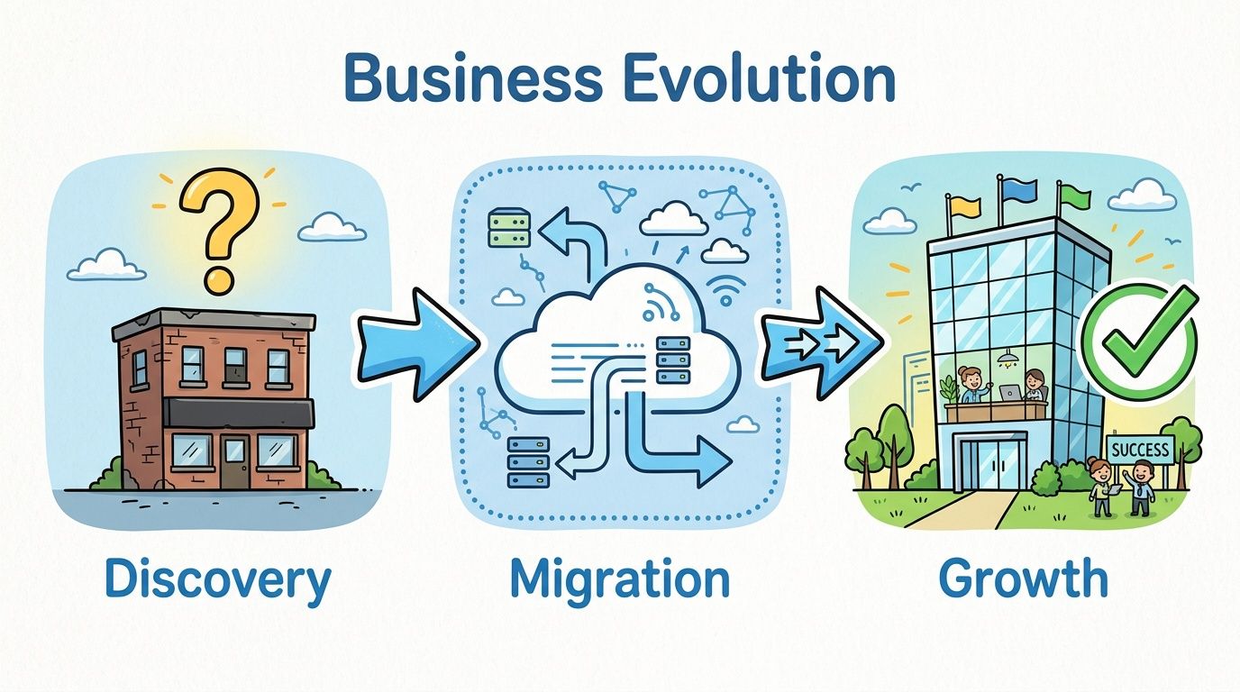 A diagram illustrating business evolution from a small shop through cloud migration to corporate growth success.