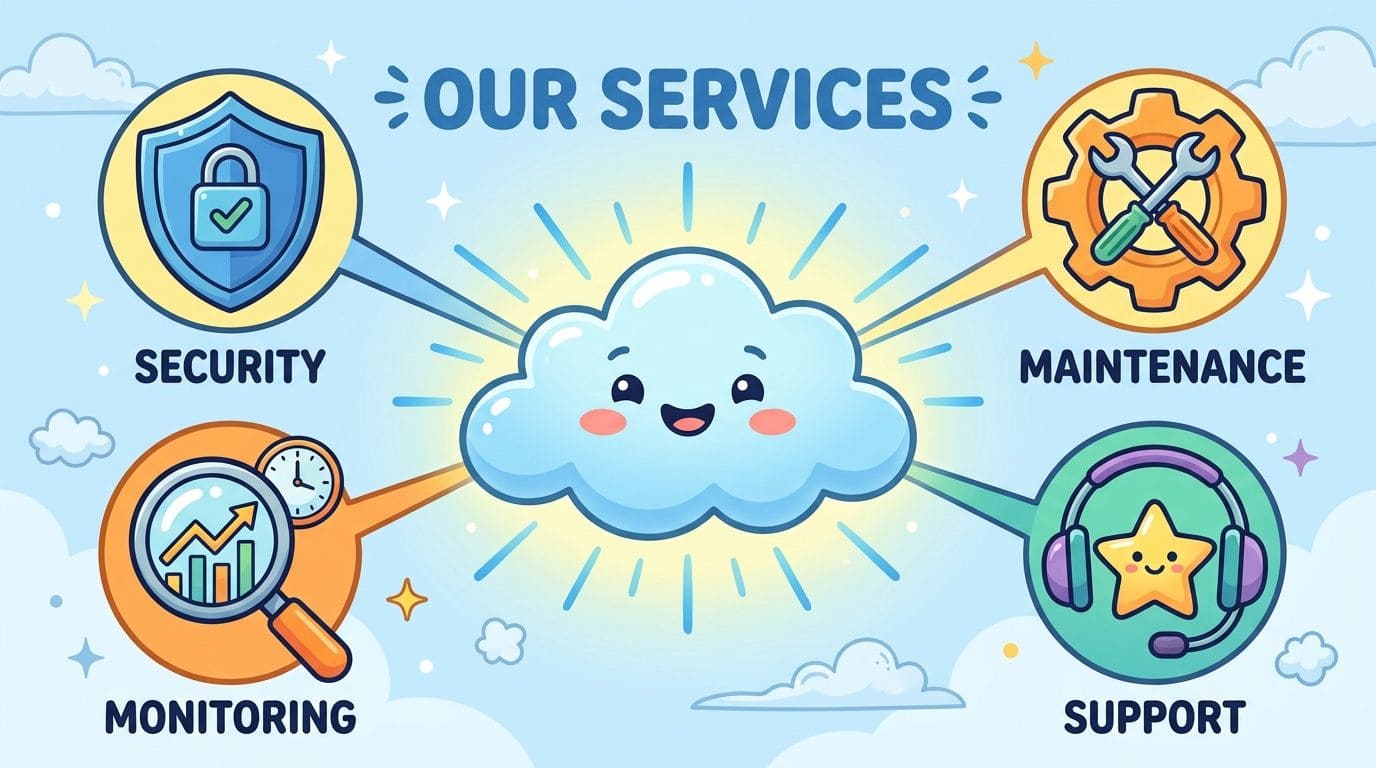 A friendly cloud character surrounded by icons representing security, maintenance, monitoring, and support cloud computing services.