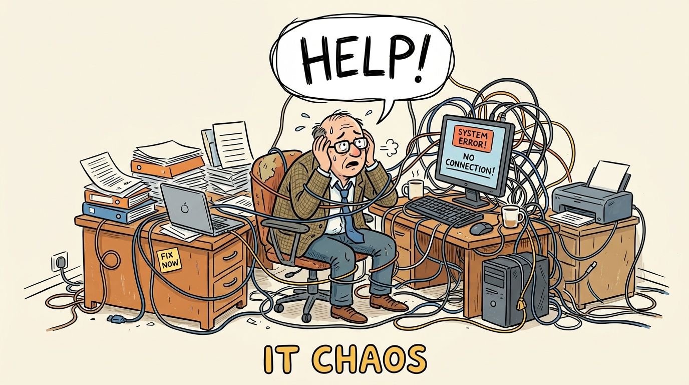 A stressed man overwhelmed by a chaotic workspace filled with tangled computer cables and system error messages.