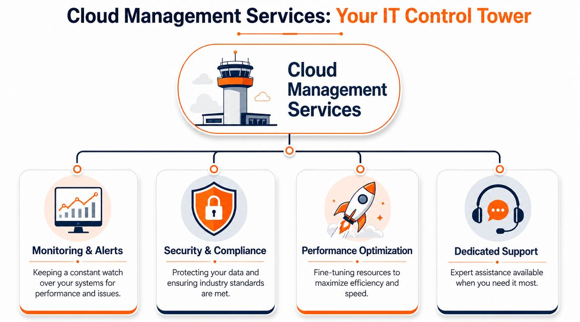 A diagram illustrating Cloud Management Services as an IT control tower with four key service pillars.