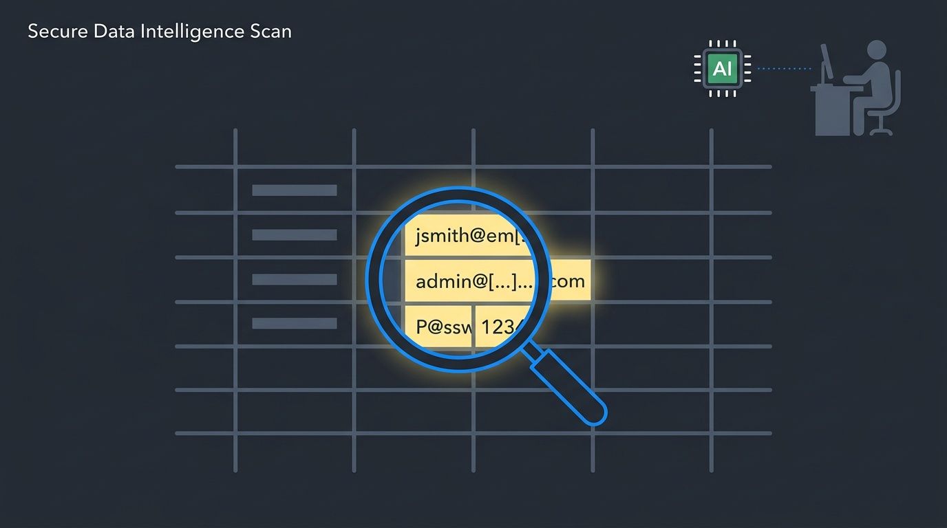 A magnifying glass inspecting sensitive data like emails and passwords on a spreadsheet, powered by artificial intelligence.