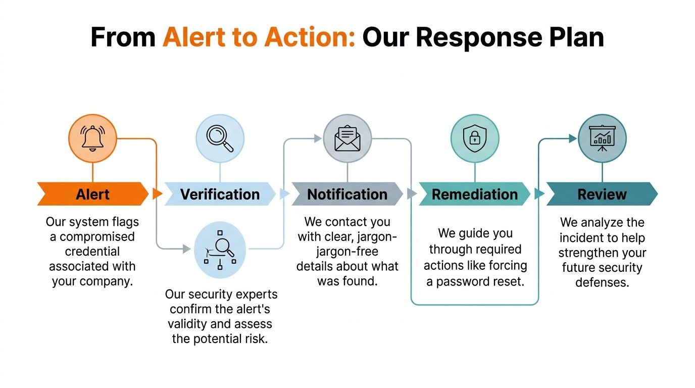 A flowchart titled From Alert to Action outlining the five steps of a company incident response plan.