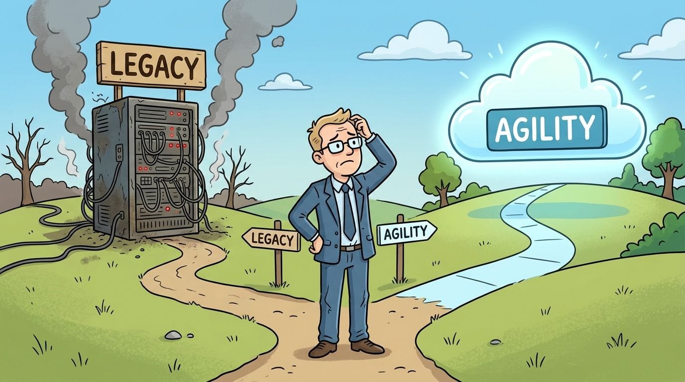 A confused businessman standing at a crossroads between a failing legacy server and a cloud-based agility solution.
