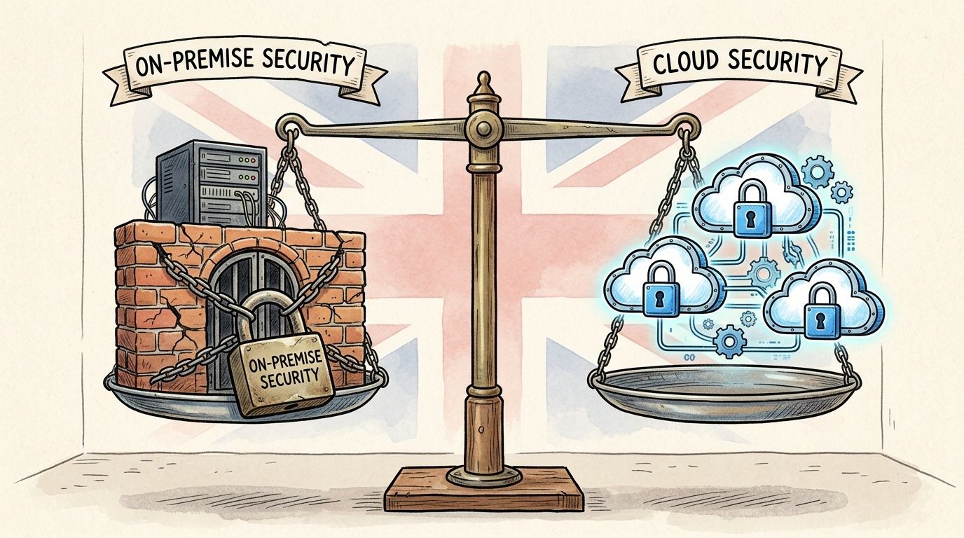 A weighing scale comparing on-premise security with physical barriers to modern, digital cloud security solutions.