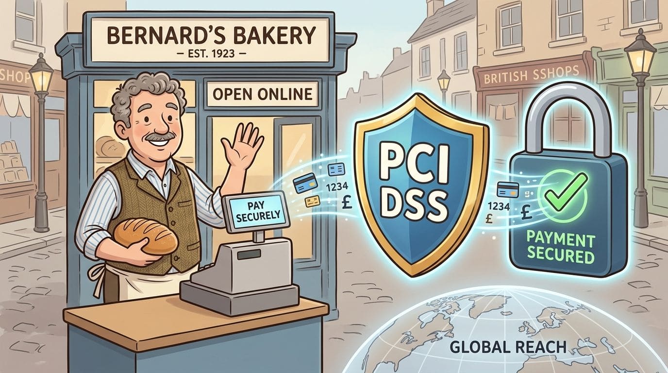 A bakery owner in front of his shop with a digital payment security shield and secure padlock.