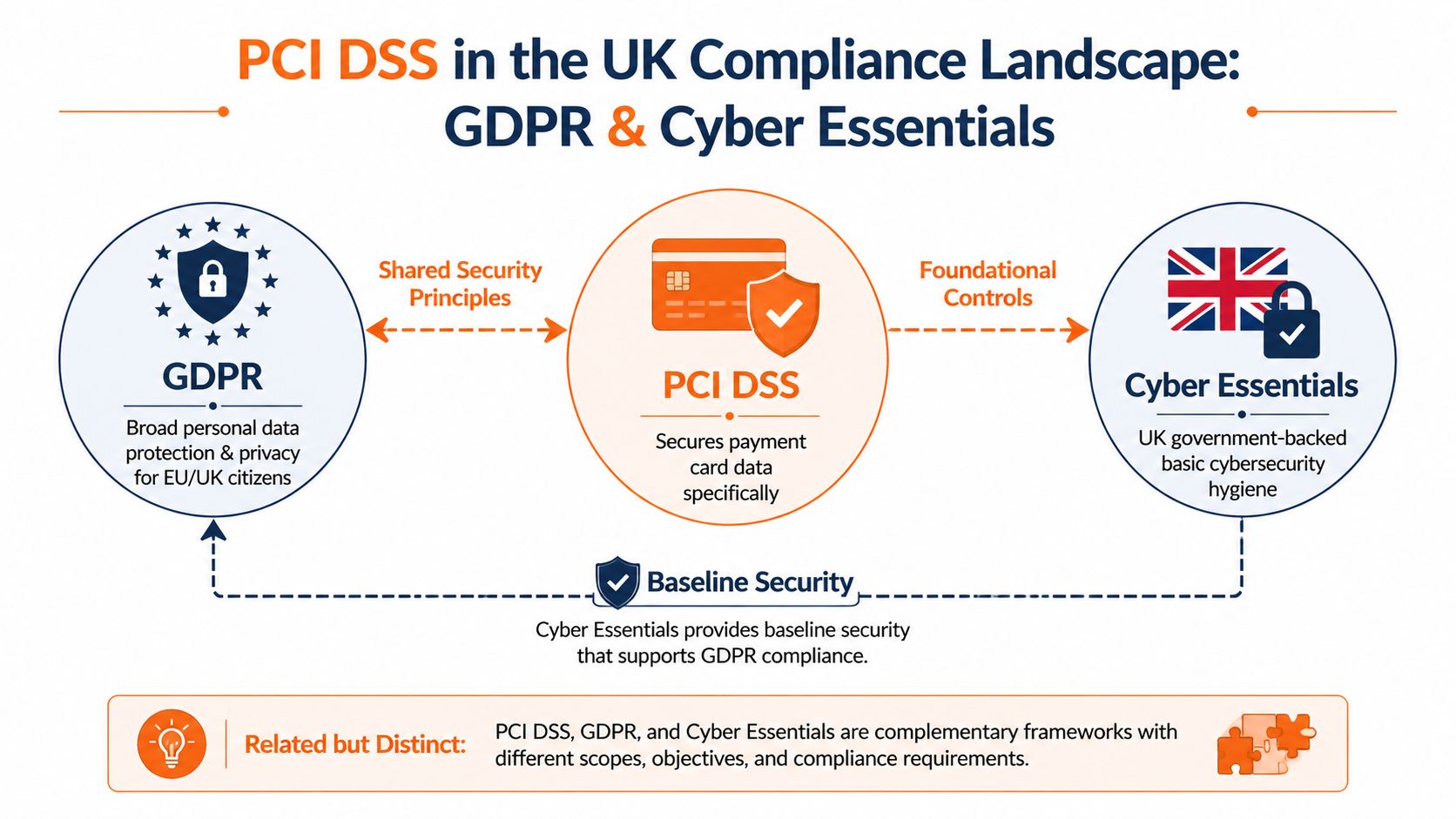 A diagram comparing PCI DSS, GDPR, and Cyber Essentials as complementary compliance frameworks in the UK landscape.