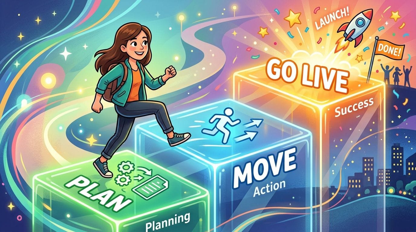 A woman stepping across three glowing cubes representing the business growth phases of plan, move, and go live.