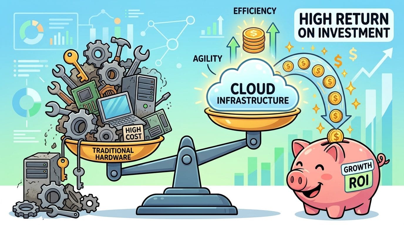 A scale comparing traditional hardware and cloud infrastructure, highlighting the financial benefits and growth of cloud services.