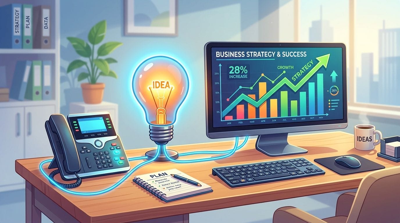 A digital illustration of an office desk with a business phone, lightbulb, and computer showing growth statistics.
