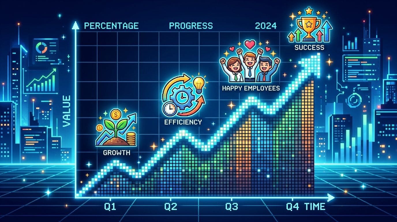 A neon-style infographic showing business progress in 2024 with icons for growth, efficiency, employees, and success.