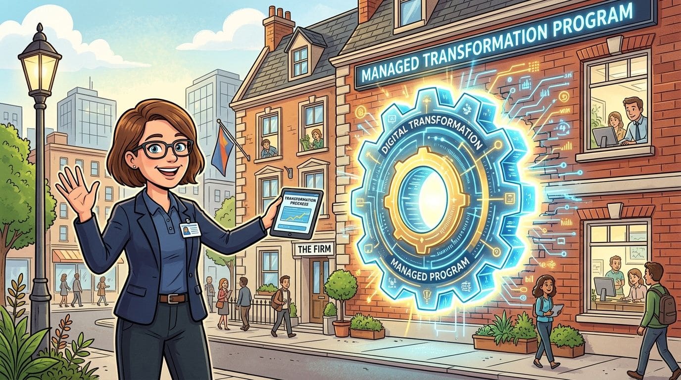 A professional woman presenting a digital transformation service with a glowing gear icon in front of a building.