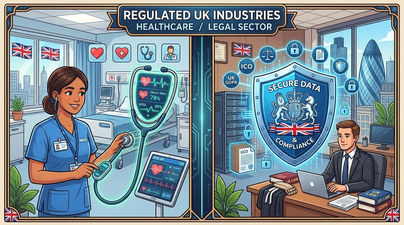 Illustration of healthcare and legal sector professionals ensuring data security and compliance in t.