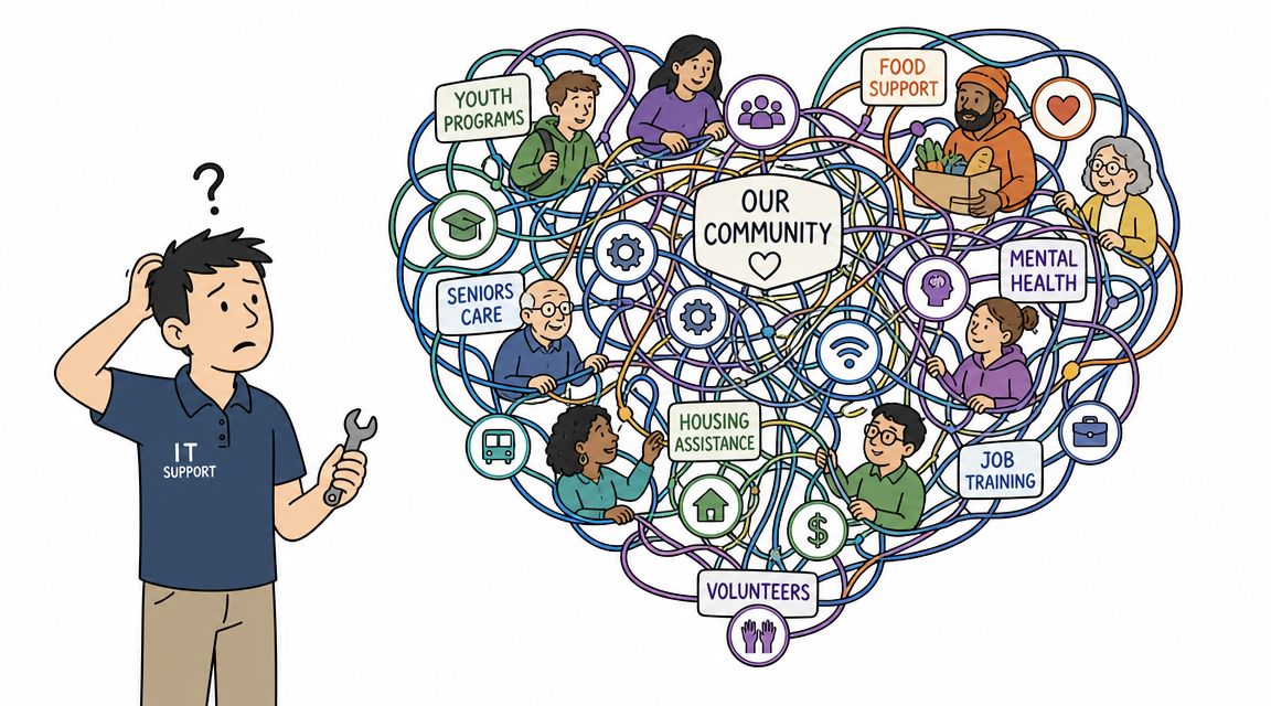 An IT support worker looks confused at a complex, tangled web of various community support service icons.