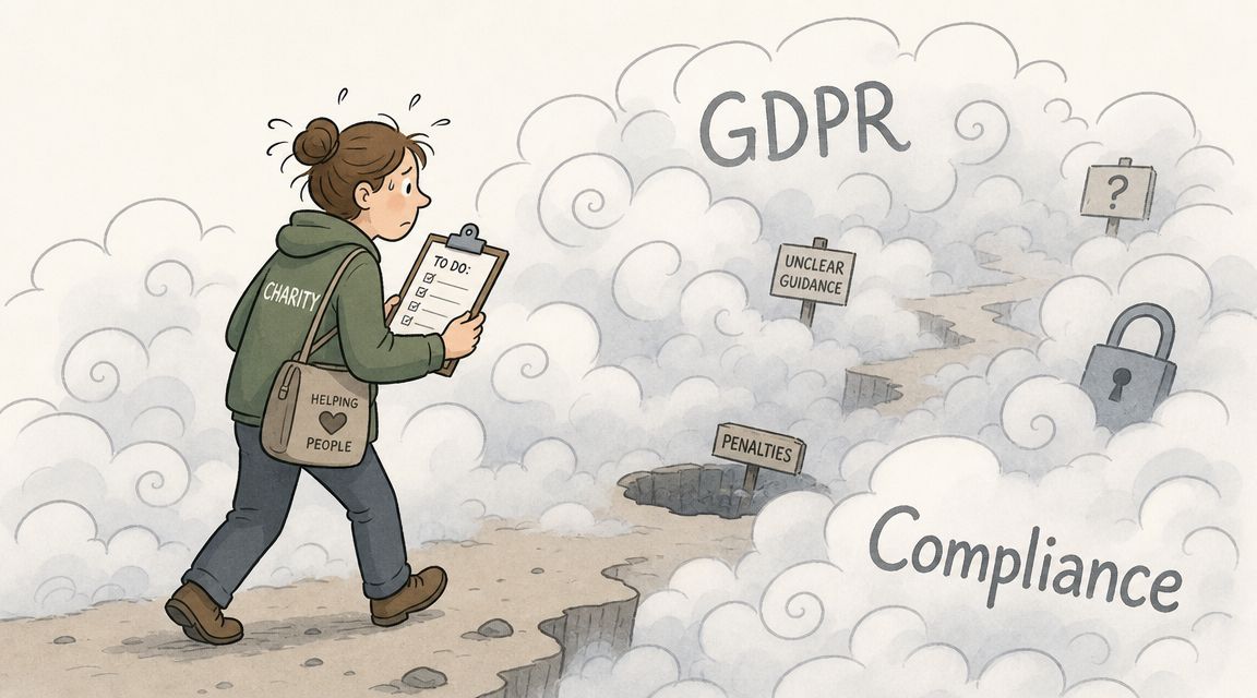 An illustration of a worried charity worker navigating through dense fog representing GDPR and compliance challenges.