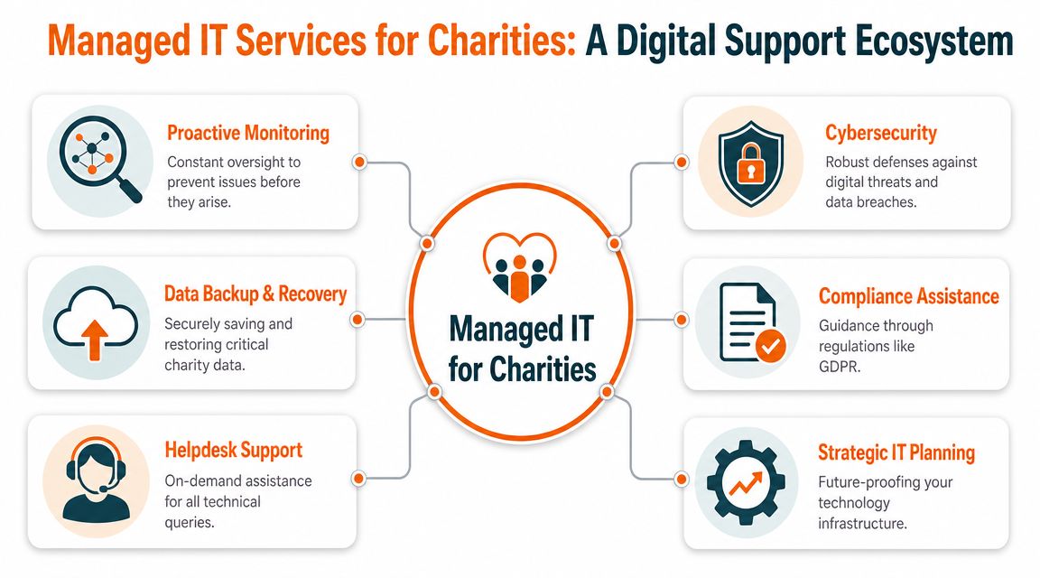 A diagram illustrating a digital support ecosystem providing managed IT services specifically designed for charitable organizations.