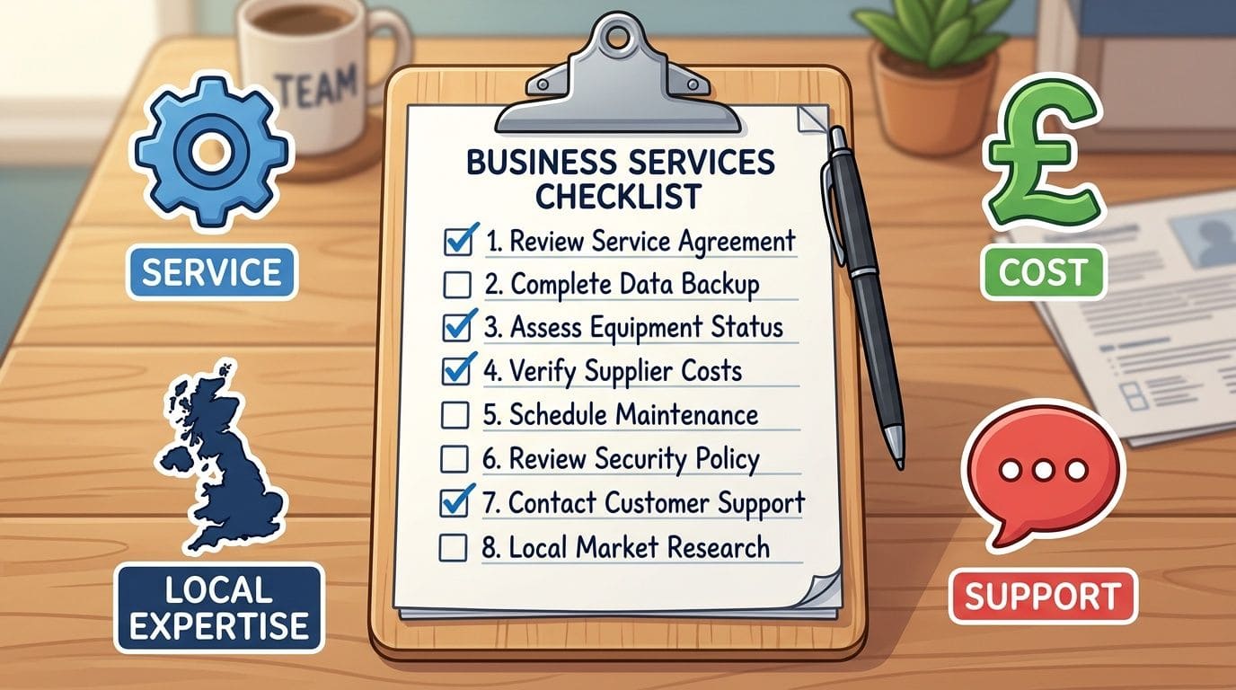 A clipboard with a business services checklist on a wooden desk with various business icons.