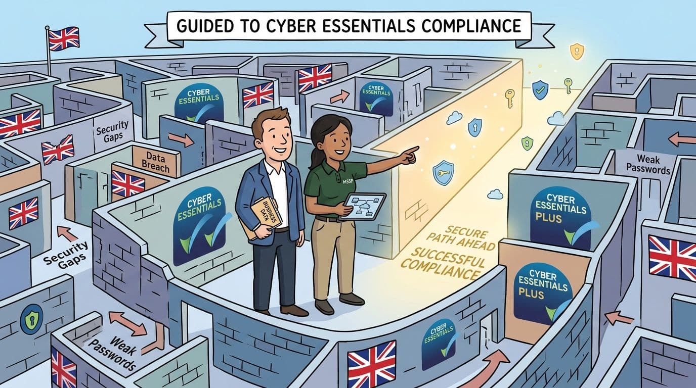A professional guide showing a business person the way through a maze toward cyber essentials compliance success.