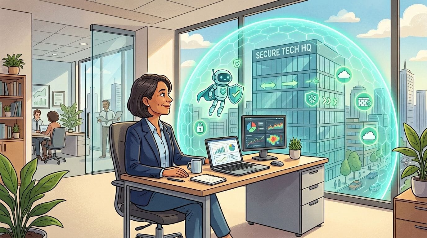A businesswoman works in a modern office, overseeing digital security represented by a floating robot icon.