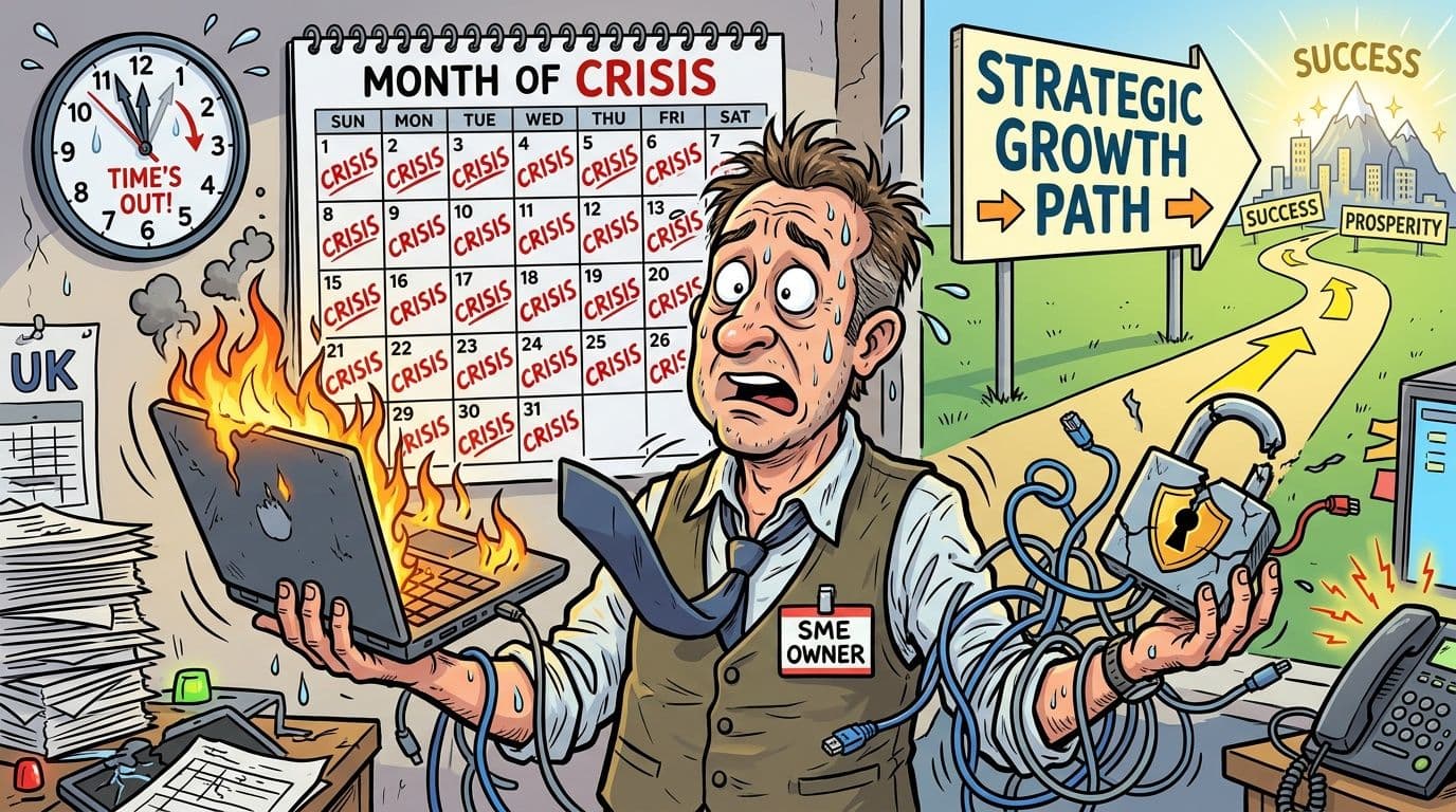 A stressed SME business owner overwhelmed by IT crises while looking toward a strategic growth path.