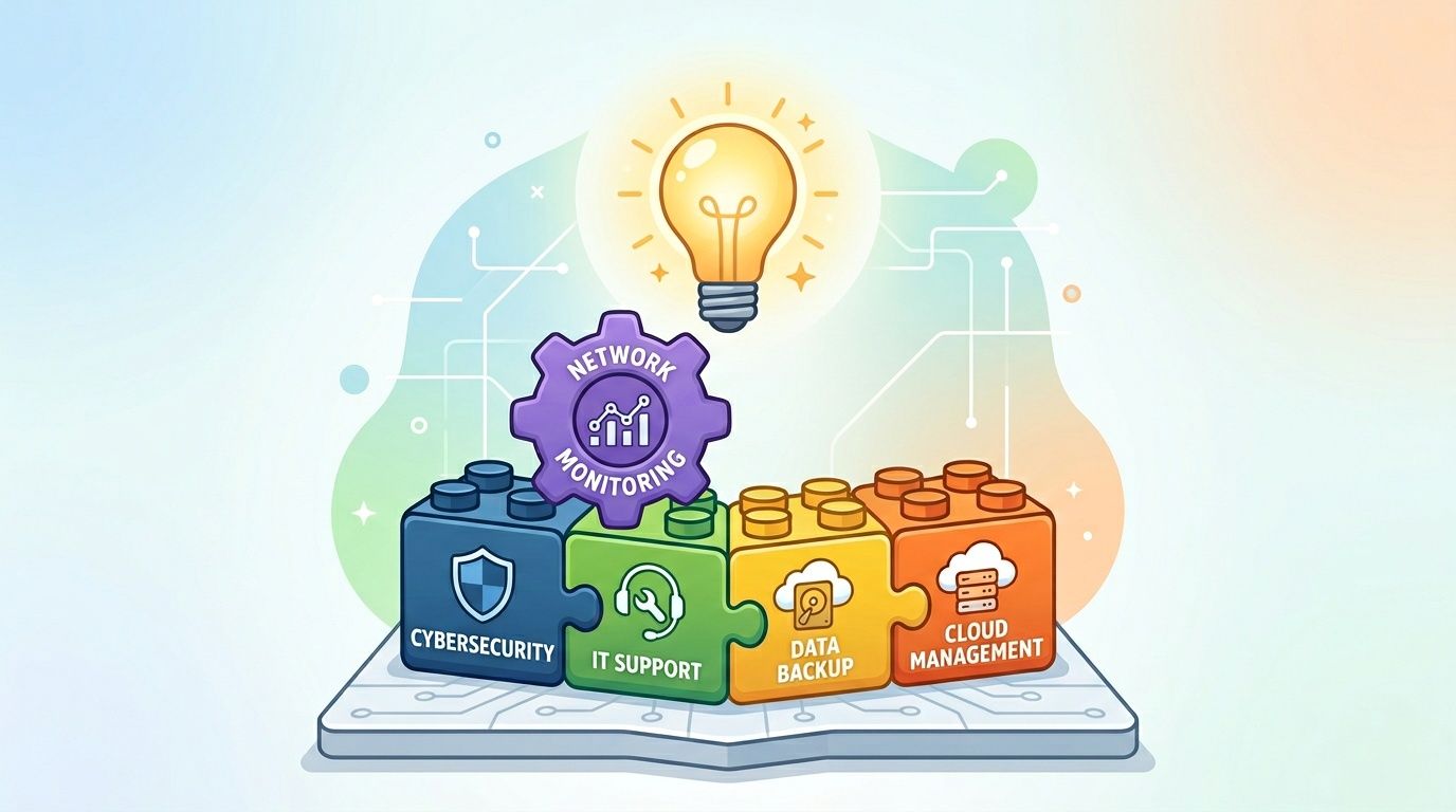 A digital graphic showing four connected lego bricks representing IT services, topped by a network monitoring gear.