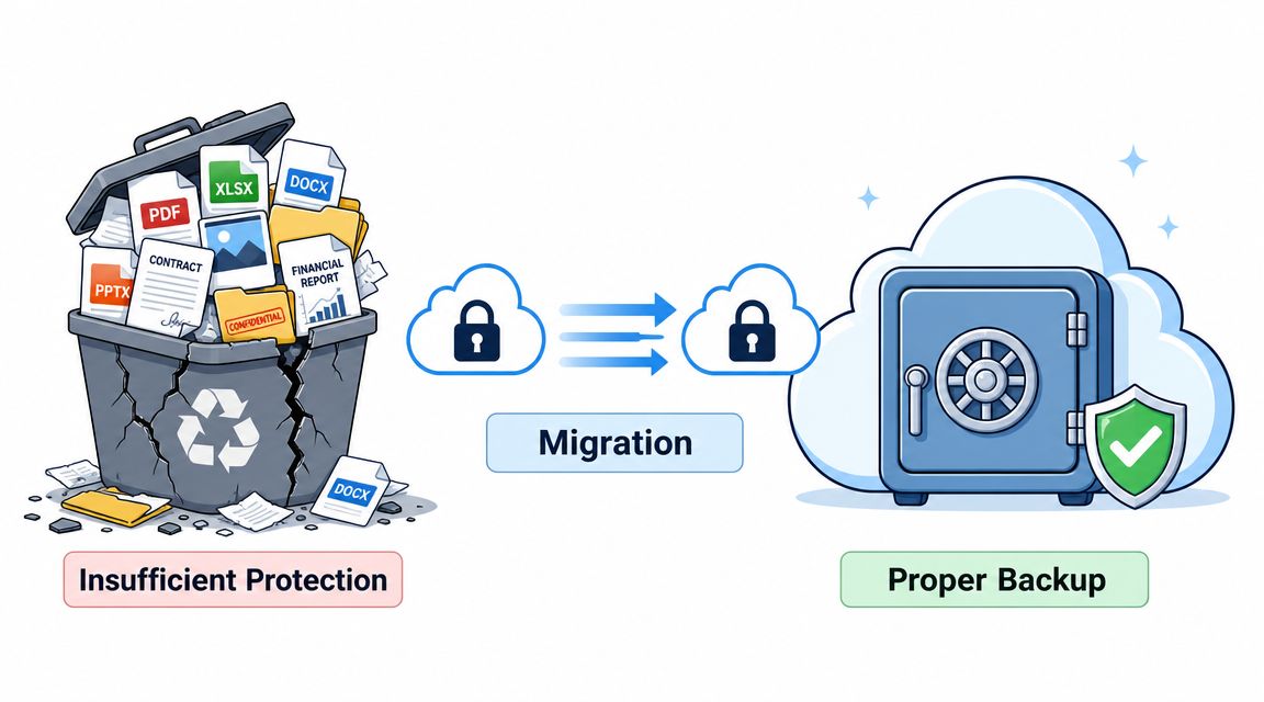 Illustration of data migration from insufficient protection to proper backup with cloud security.
