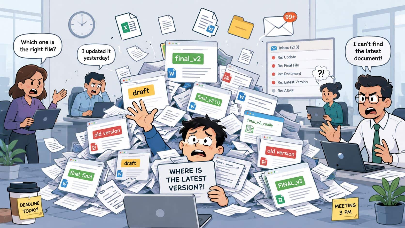 Overwhelmed office worker surrounded by disorganized files, emails, and deadlines.
