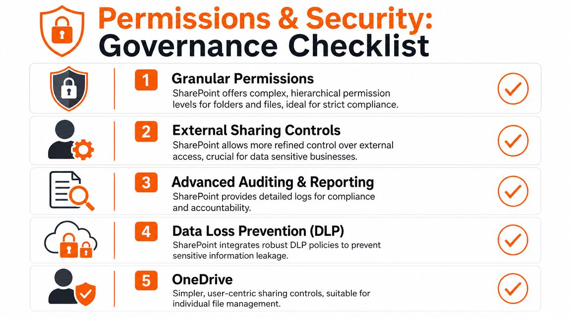 Governance checklist for SharePoint permissions and security controls.