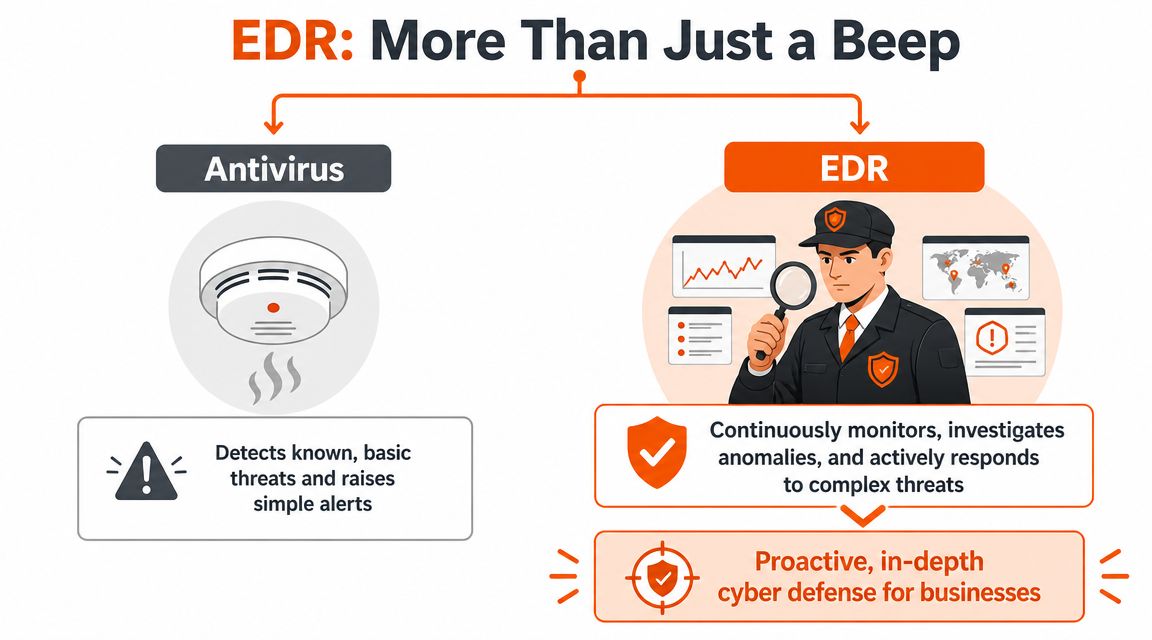 A comparison chart showing the differences between traditional antivirus software and modern endpoint detection and response systems.