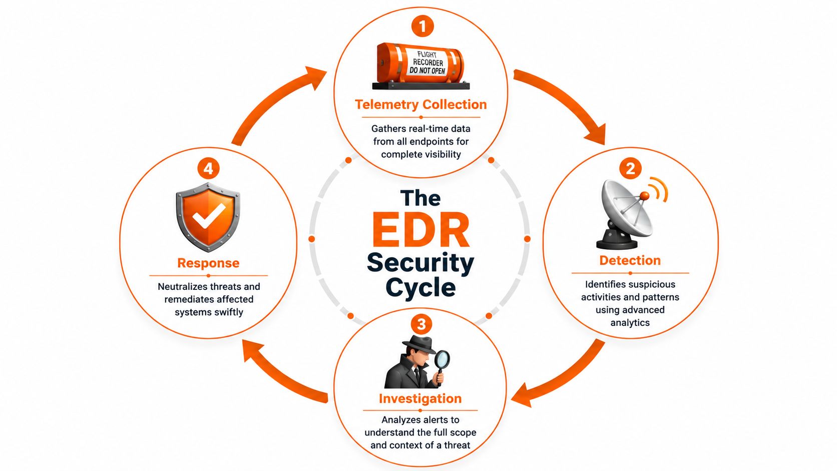 A circular infographic illustrating the four stages of the EDR Security Cycle: Telemetry Collection, Detection, Investigation, and Response.