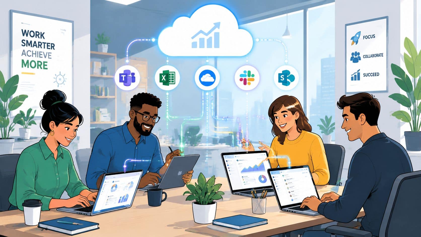 A diverse team working together on laptops in a modern office with cloud software integration icons.