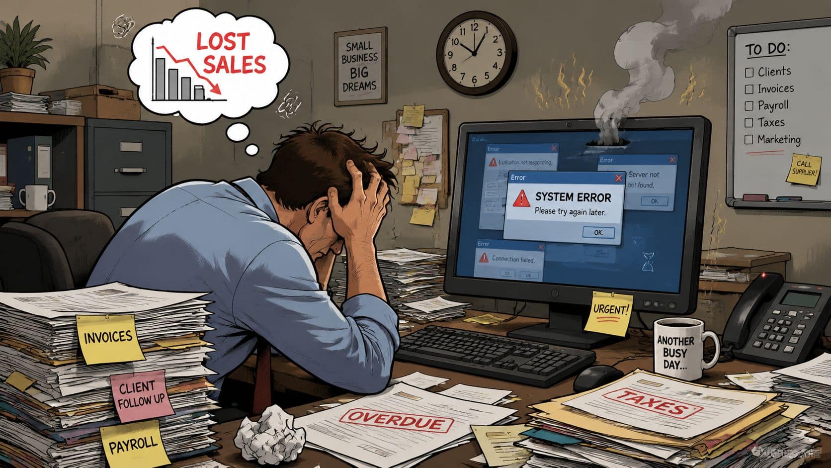 A stressed businessman sits at a desk overwhelmed by paperwork and a failing computer system.