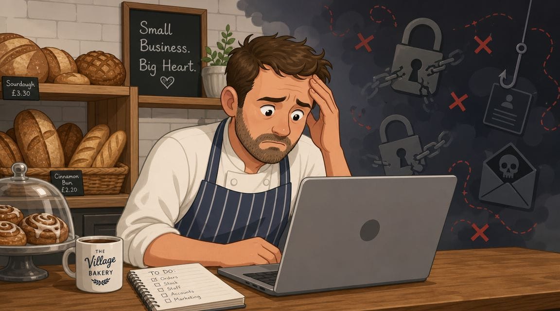 Stressed small business bakery owner looking worried at his laptop during a cyber security data breach.