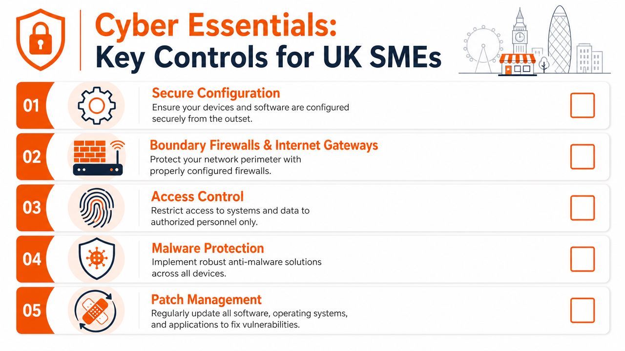 A list of five essential cybersecurity controls for small businesses, including configuration, firewalls, and malware protection.