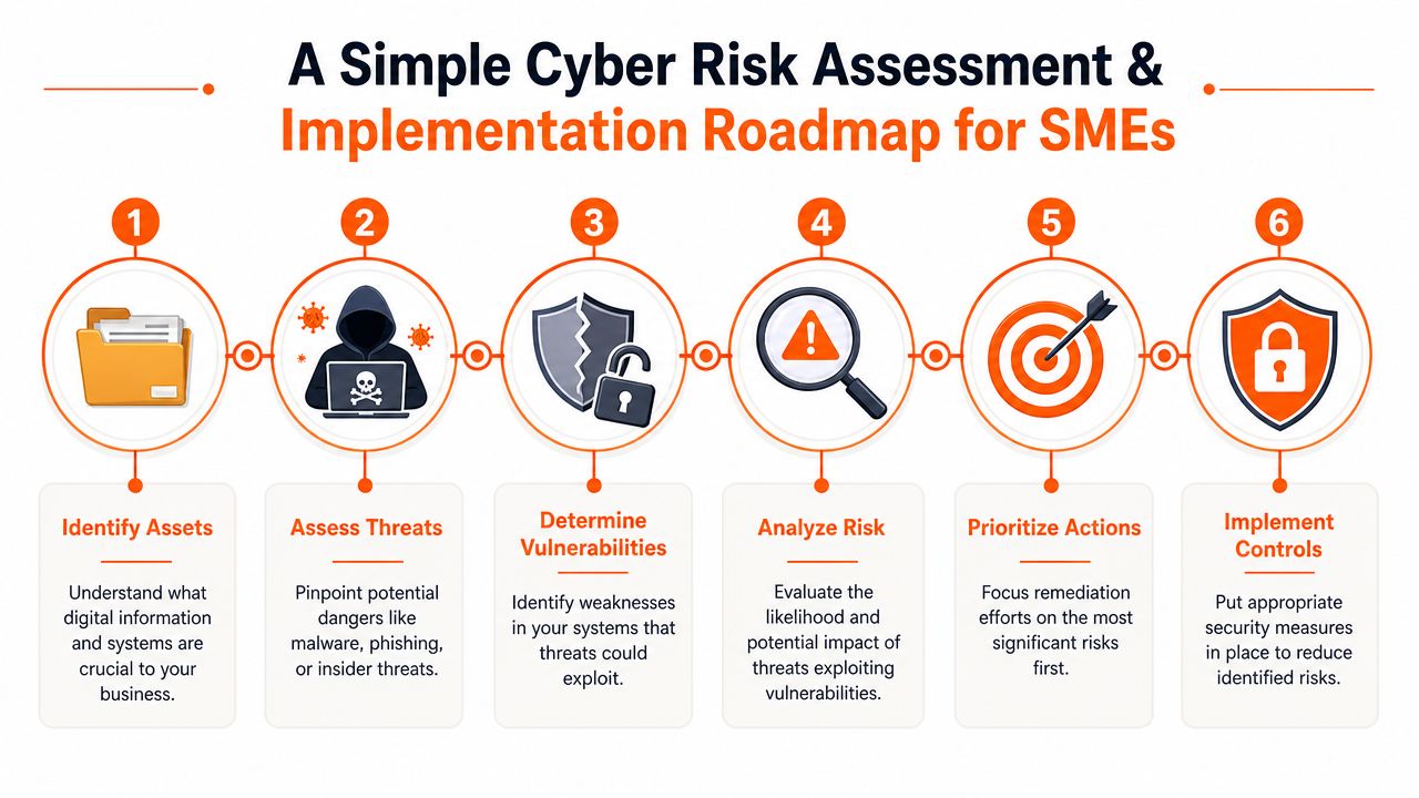 A six-step infographic roadmap illustrating the cyber risk assessment and implementation process for small businesses.