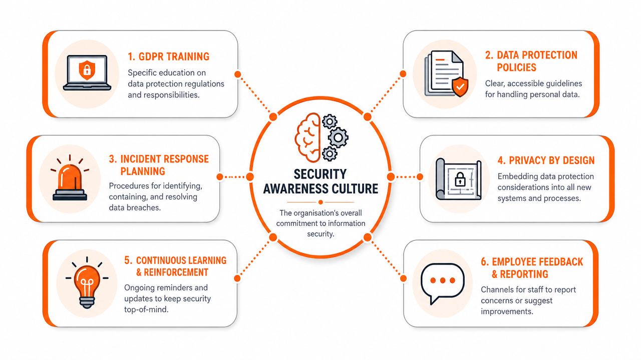 A diagram outlining six key components for building a successful organizational security awareness and GDPR culture.