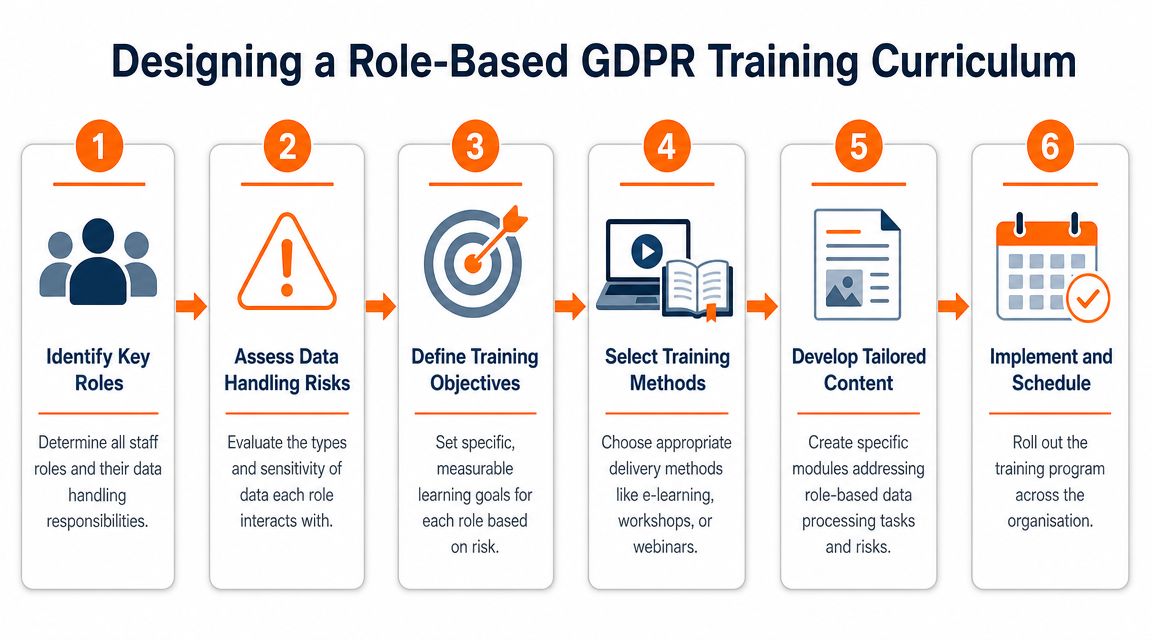 A six-step infographic showing the process for designing a role-based GDPR training curriculum for employees.