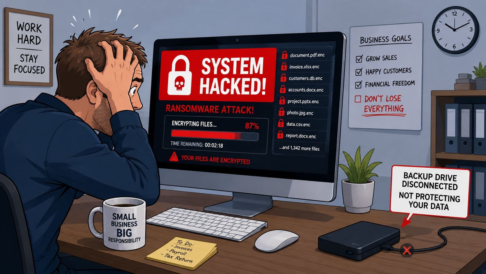 A distressed businessman watches a computer screen displaying a ransomware attack with encrypted business files.