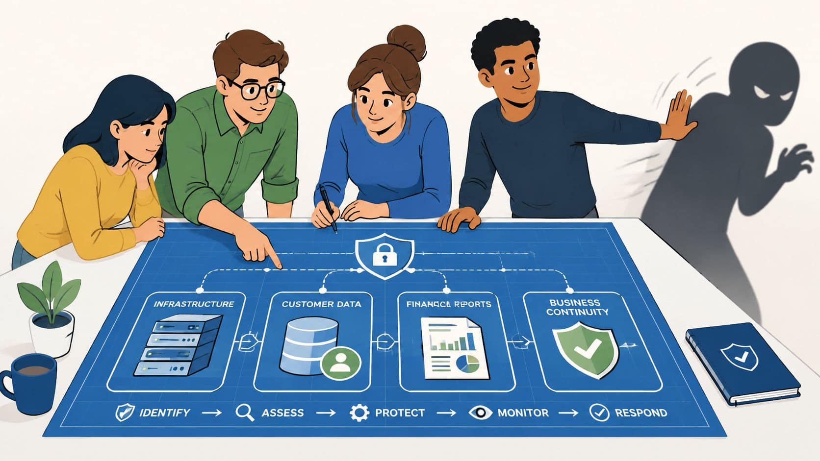 Team of four people reviewing a cybersecurity incident response plan on a blue blueprint.