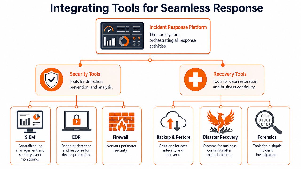 Diagram showing tools for incident response, including security, recovery, and forensic tools.