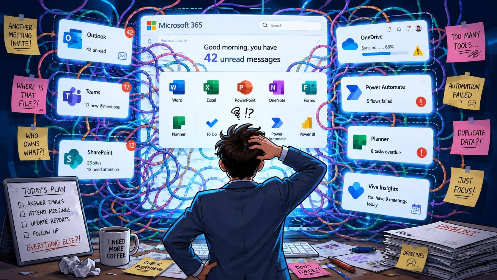 Stressed business worker overwhelmed by too many digital notifications and tasks in a Microsoft 365 dashboard.