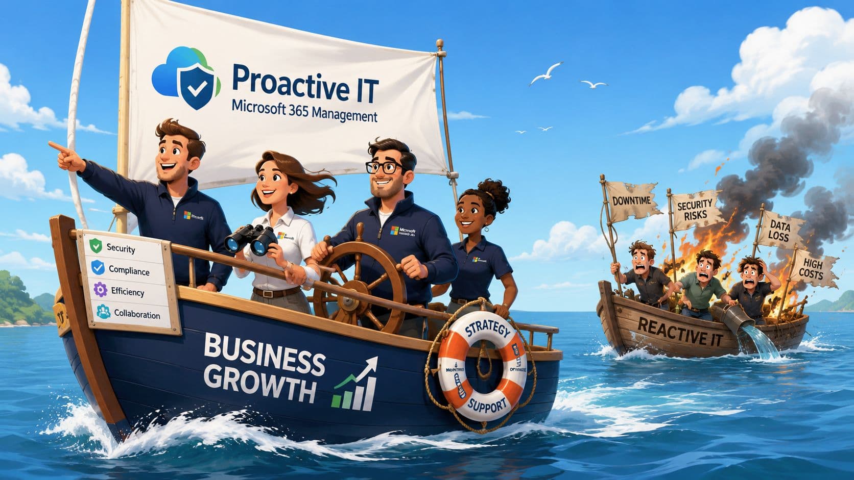 A conceptual illustration comparing a proactive IT management boat to a struggling reactive IT boat on water.