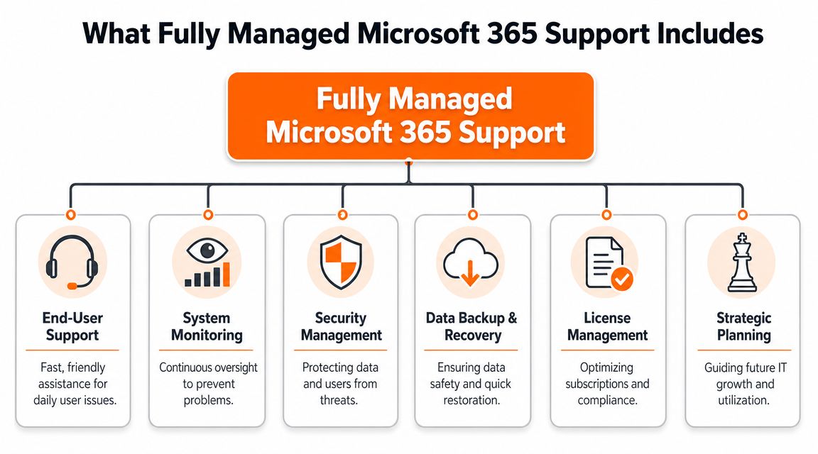A diagram outlining the key components of fully managed Microsoft 365 support services for business IT infrastructure.