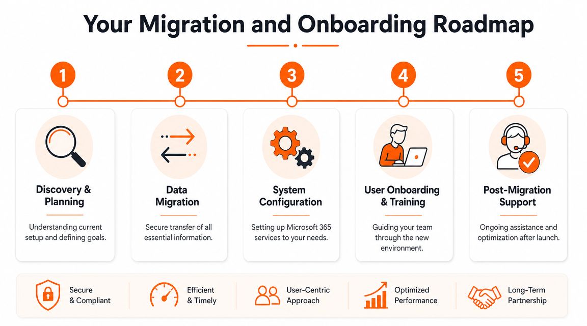 A five-step roadmap illustration outlining the migration and onboarding process for Microsoft 365 services.