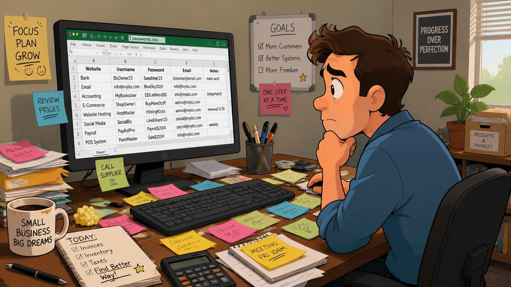 A young business owner looks worried while viewing a spreadsheet of saved passwords on a computer screen.