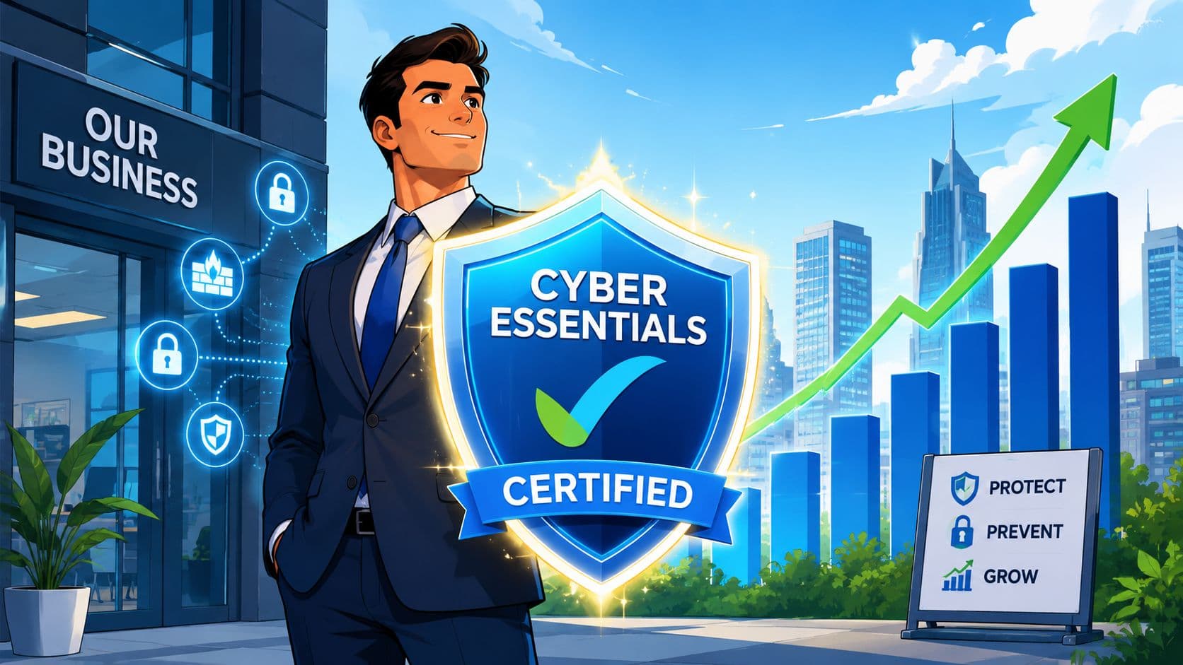 A professional businessman standing in front of a city skyline with a glowing Cyber Essentials Certified shield.
