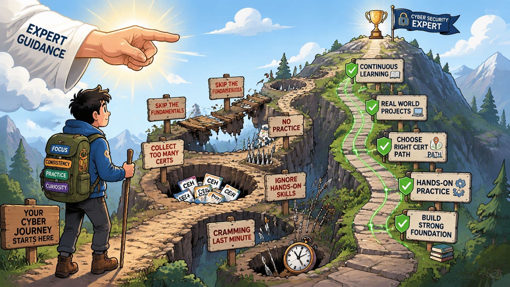 An illustrated journey depicting a guide to becoming a cyber security expert, highlighting learning paths.