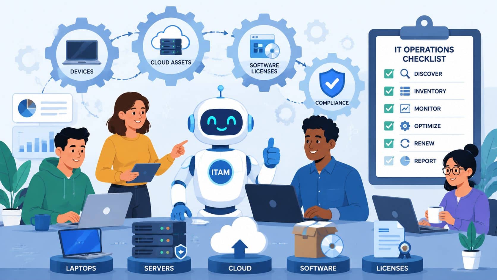 A team of professionals collaborating with a friendly robot on IT asset management strategy in an office.