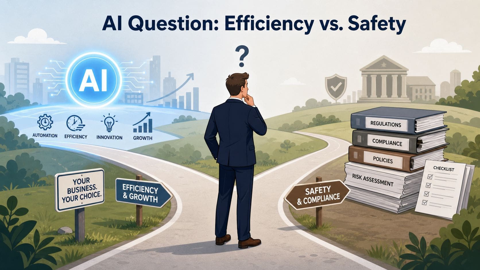 A businessman standing at a fork in the road choosing between AI innovation and regulatory compliance frameworks.