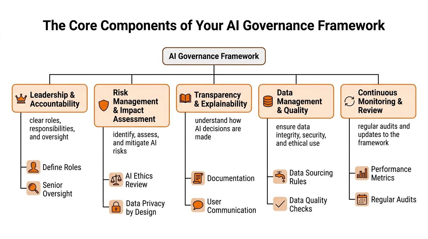 A diagram illustrating the core components of an AI governance framework, including leadership, risk management, and transparency.
