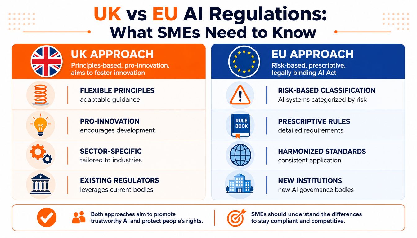 A comparative infographic outlining the differences between UK principles-based and EU risk-based AI regulation frameworks for SMEs.